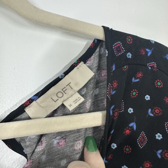 Loft Womens M Black Printed Floral Long Bell Sleeve Semi Sheer Blouse Workwear - Picture 5 of 7